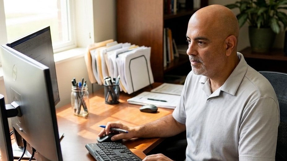 Henry sitting at a desk working on a computer 
